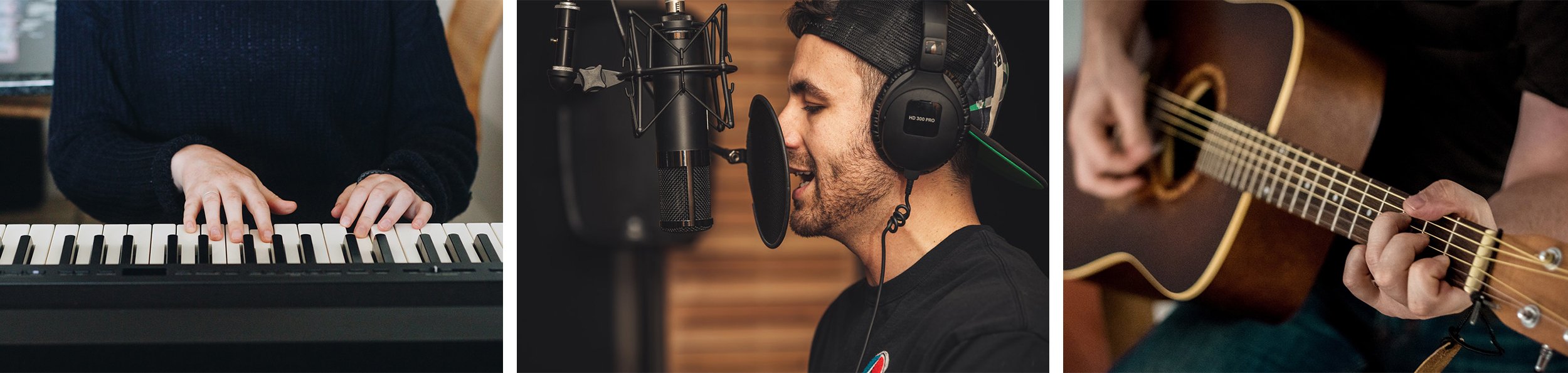 Three photos: hands playing a keyboard (from the front), man singing into a studio mic with headphones, up close view of acoustic guitar playing hands.
